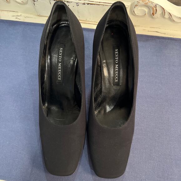 SESTO MEUCCI Black Fabric Square Toe Block Heel 3" Made in Italy size 7.5 - Picture 2 of 7